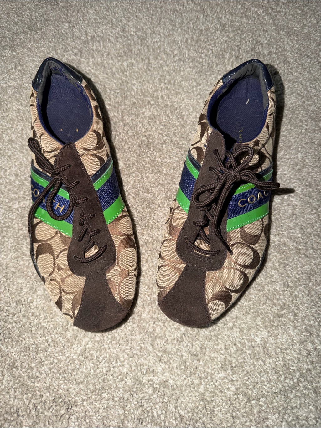 Coach Signature Logo Sneakers With Green & Blue Stripes